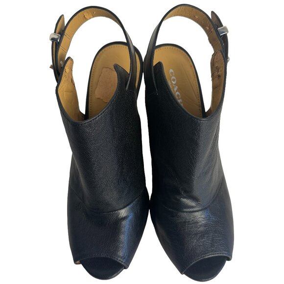 COACH Lindsay Safari Black Calf Leather Wedge Peep Toe Sandal Size 7 - Picture 4 of 12